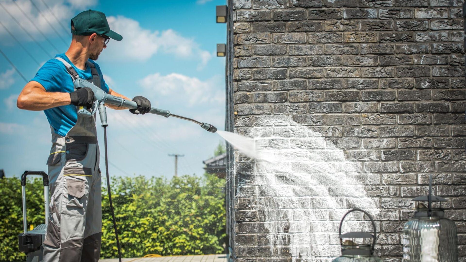 House Washing A person power washing a dark brick wall on a sunny day.